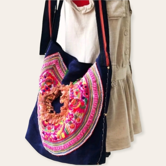 Hand Crafted Hmong Tribal Thai Vintage Ethnic Textile Slouchy Tote Handbag - Picture 3 of 11